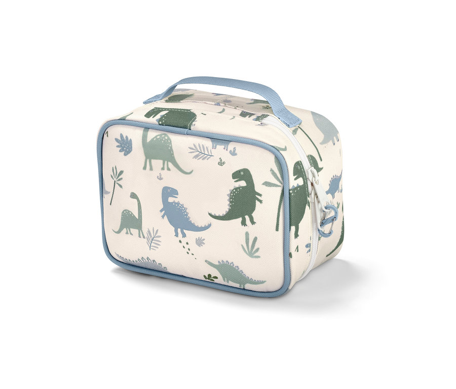 Beyaz zemin üzerine dinozor deseni ve mavi kenarlı kare ilaç çantası.