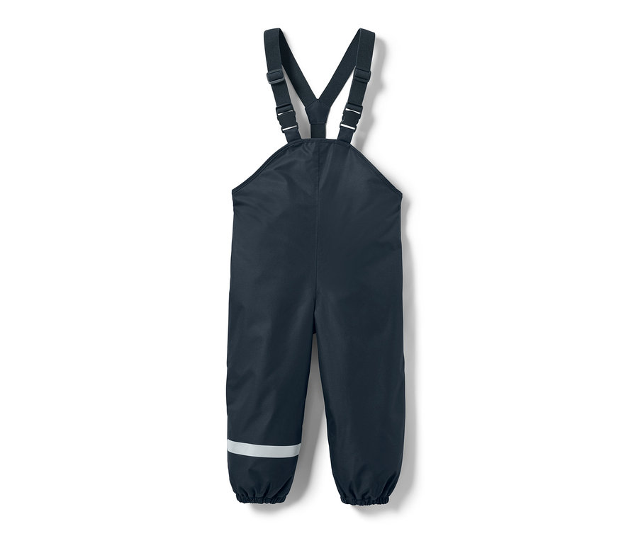 Lacivert, askılı ve reflektörlü çocuk termal yağmur pantolonu.