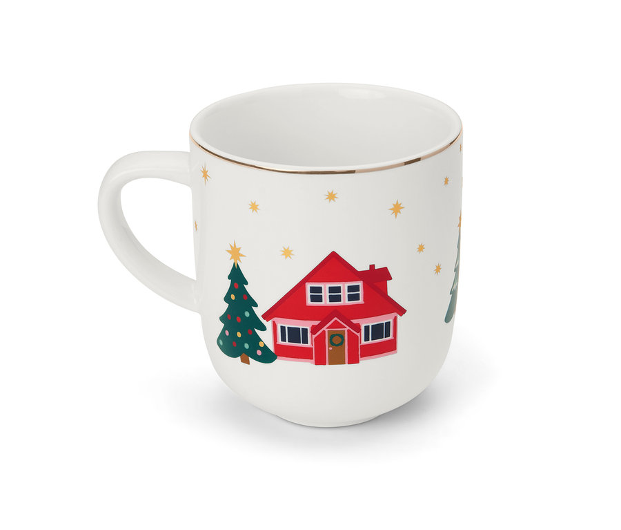 Noel evi ve ağaç deseni ve altın kenarlı beyaz jumbo kupa.