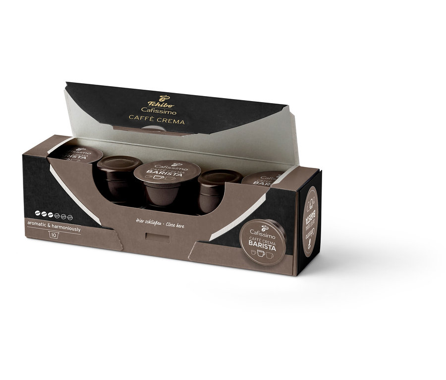 Açılmış, on kapsüllü Cafissimo Barista Caffè Crema paketi.