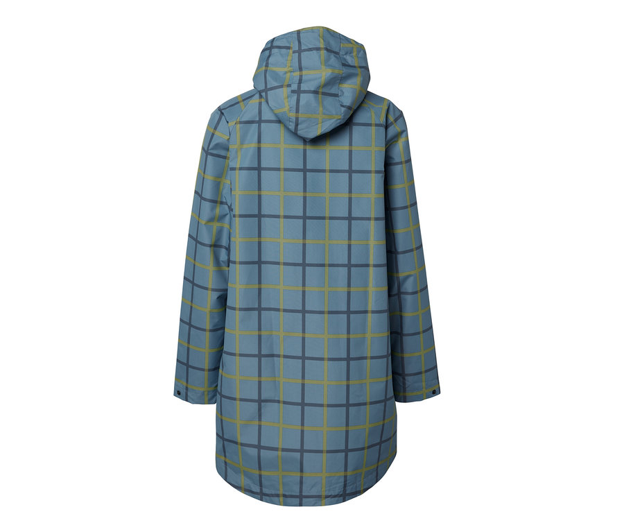Kapüşonlu, kareli, mavi yağmurluk.