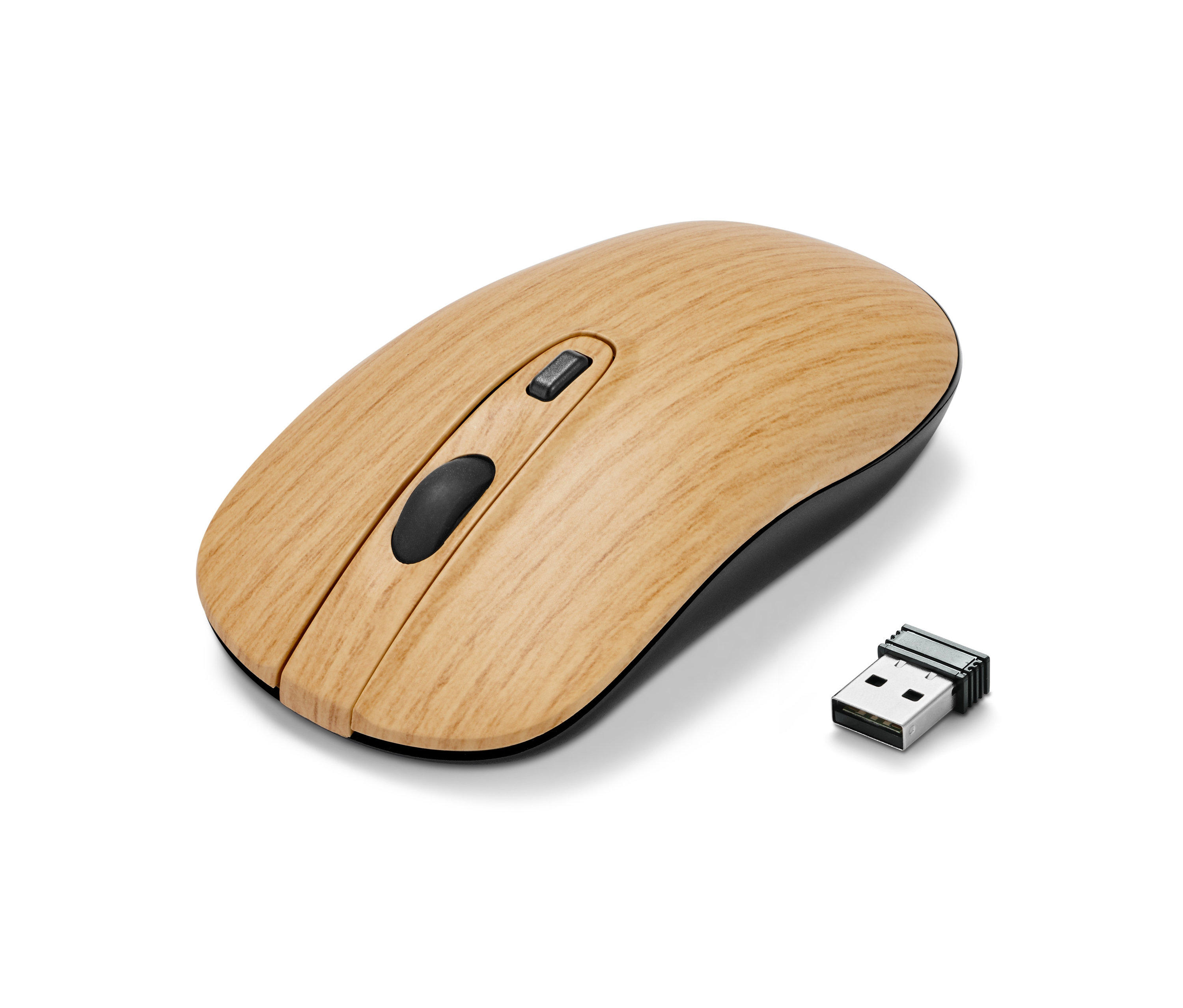 Ahşap görünümlü kablosuz mouse, beyaz bir arka plan üzerinde duruyor.