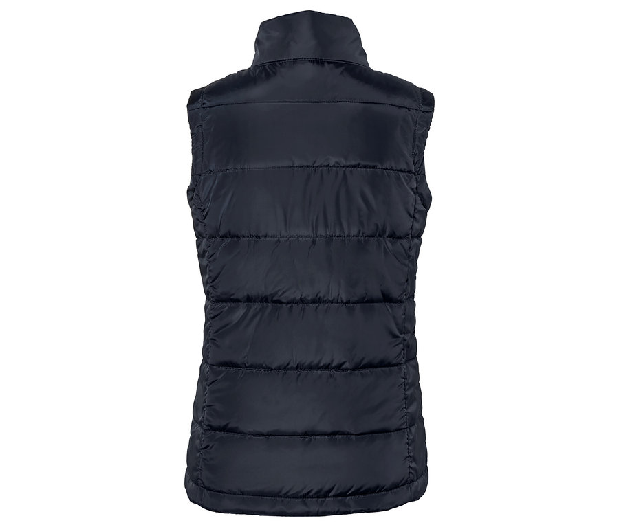 Yüksek yakalı, lacivert kapitone yeleğin arka detay görünümü.