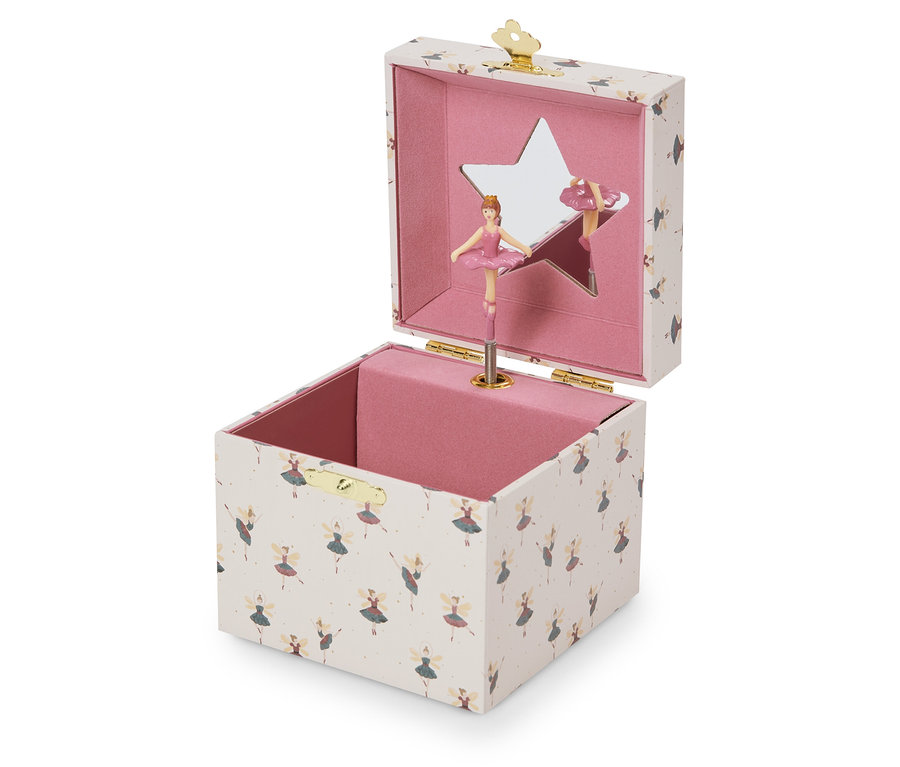 Açık pembe elbiseli balerin ve yıldız şeklinde aynalı müzik kutusu.
