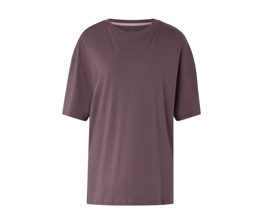 Mauve rengi, kısa kollu, bisiklet yakalı ve bol kesim spor tişört.