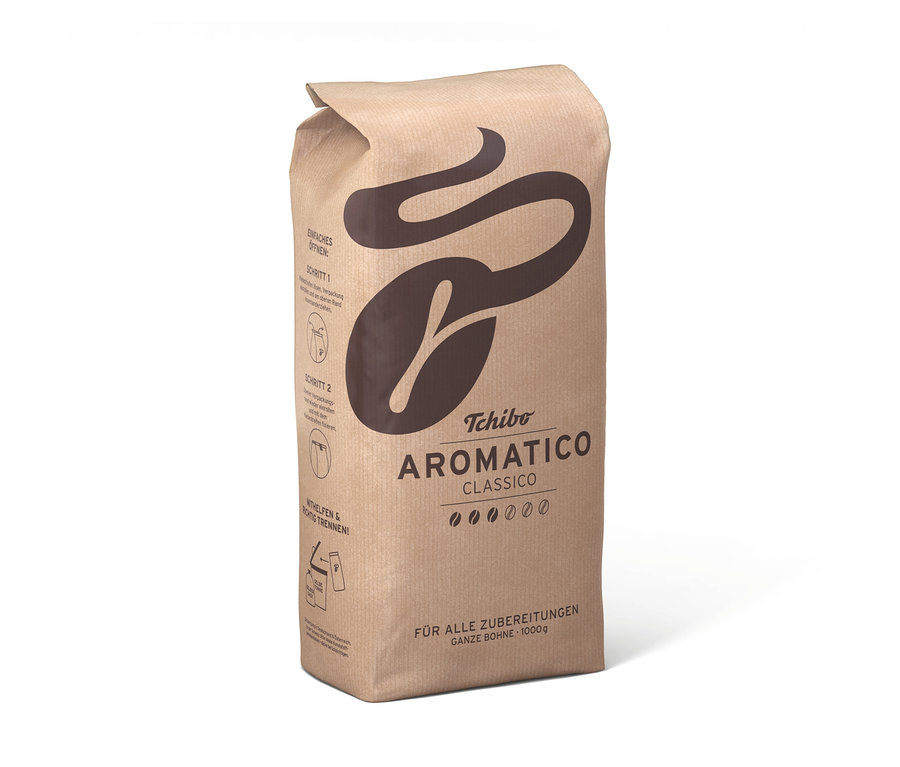 Tchibo AROMATICO CLASSICO kahve için kahverengi bir paket, 1000g çekirdek kahve, büyük stilize kahve çekirdeği logosu, yoğunluk göstergesi (6'da 2 çekirdek) ve açma talimatları ile.