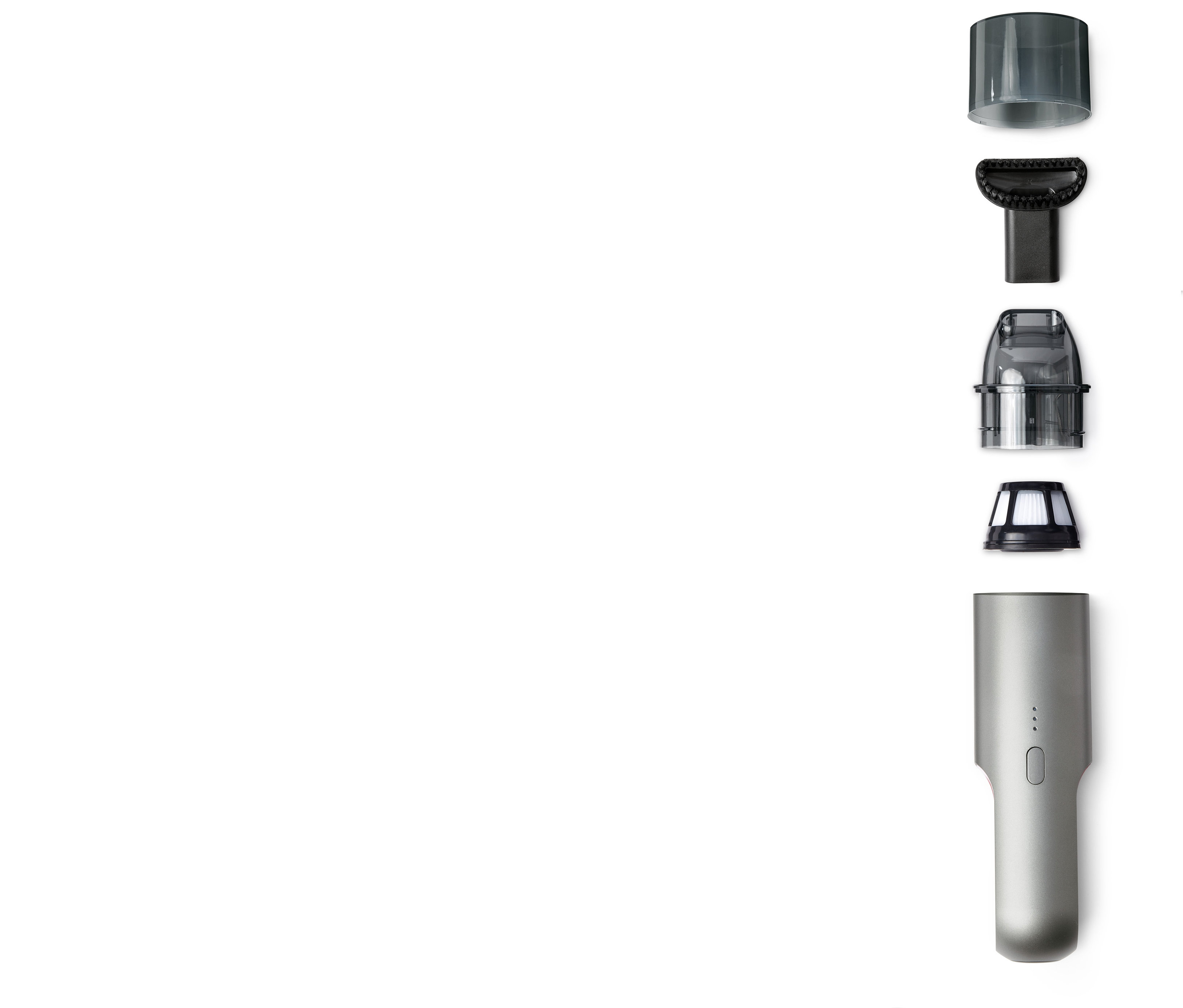 Farklı başlıklarla birlikte demonte edilmiş Özel Tasarım Elektrikli Süpürge.