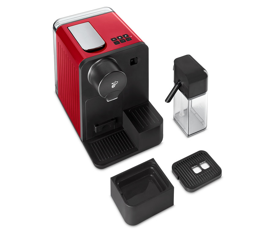 Kırmızı Cafissimo milk kahve makinesi, çıkarılabilir parçalarla.