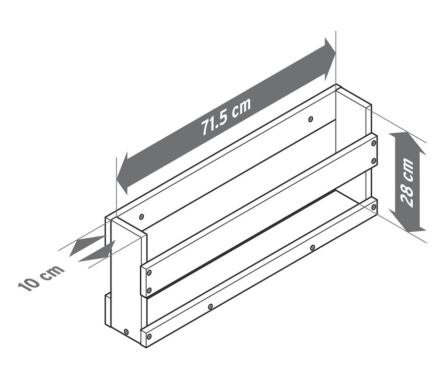 Ölçüleri belirtilmiş, siyah beyaz bir duvar rafı çizimi.