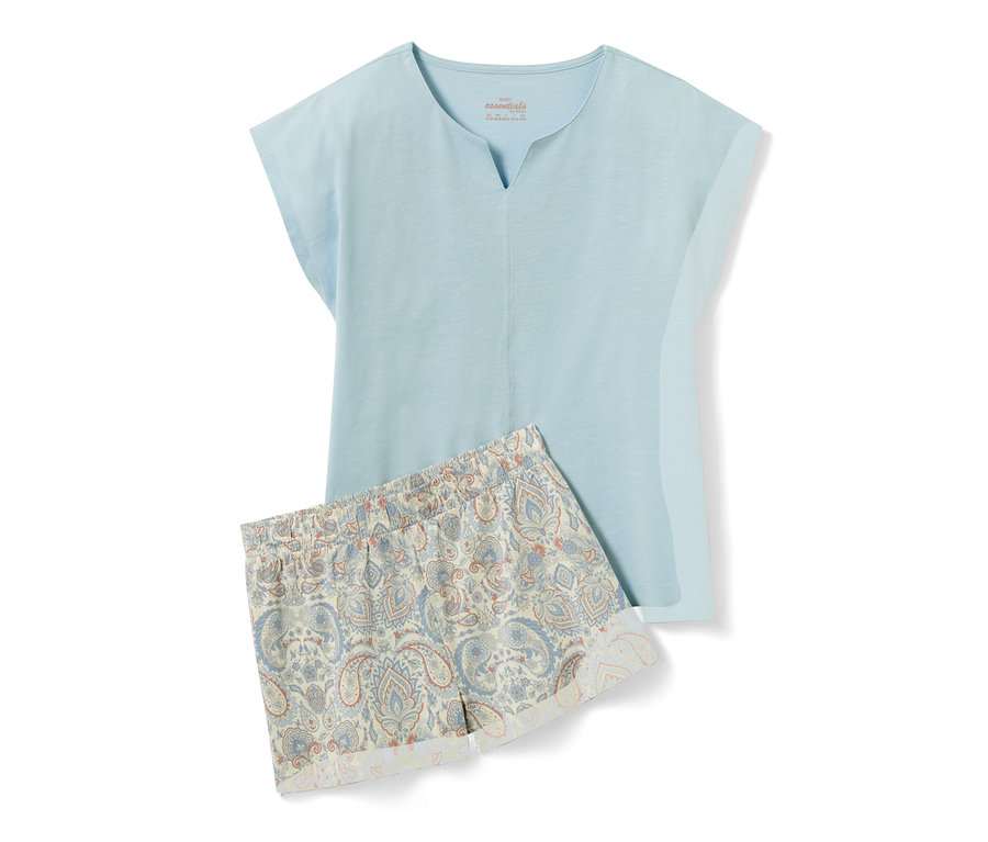 Açık mavi, kısa kollu ve desenli şortlu Şortlu Pijama Takımı.