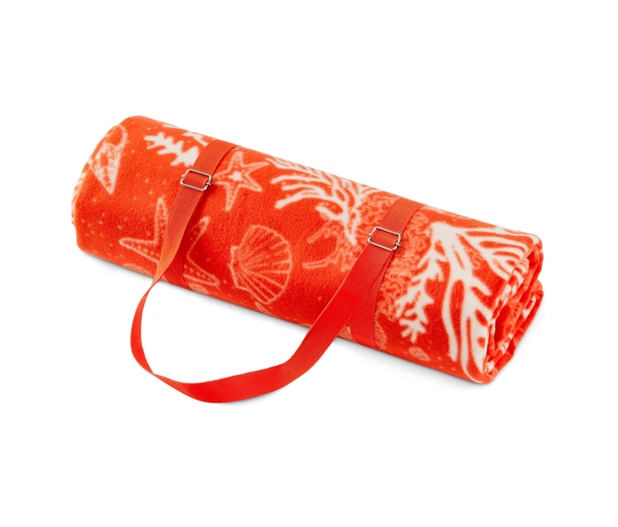 Turuncu deniz yıldızı ve deniz kabuğu desenli, turuncu şeritlerle bağlanmış, rulo halinde XL piknik örtüsü.