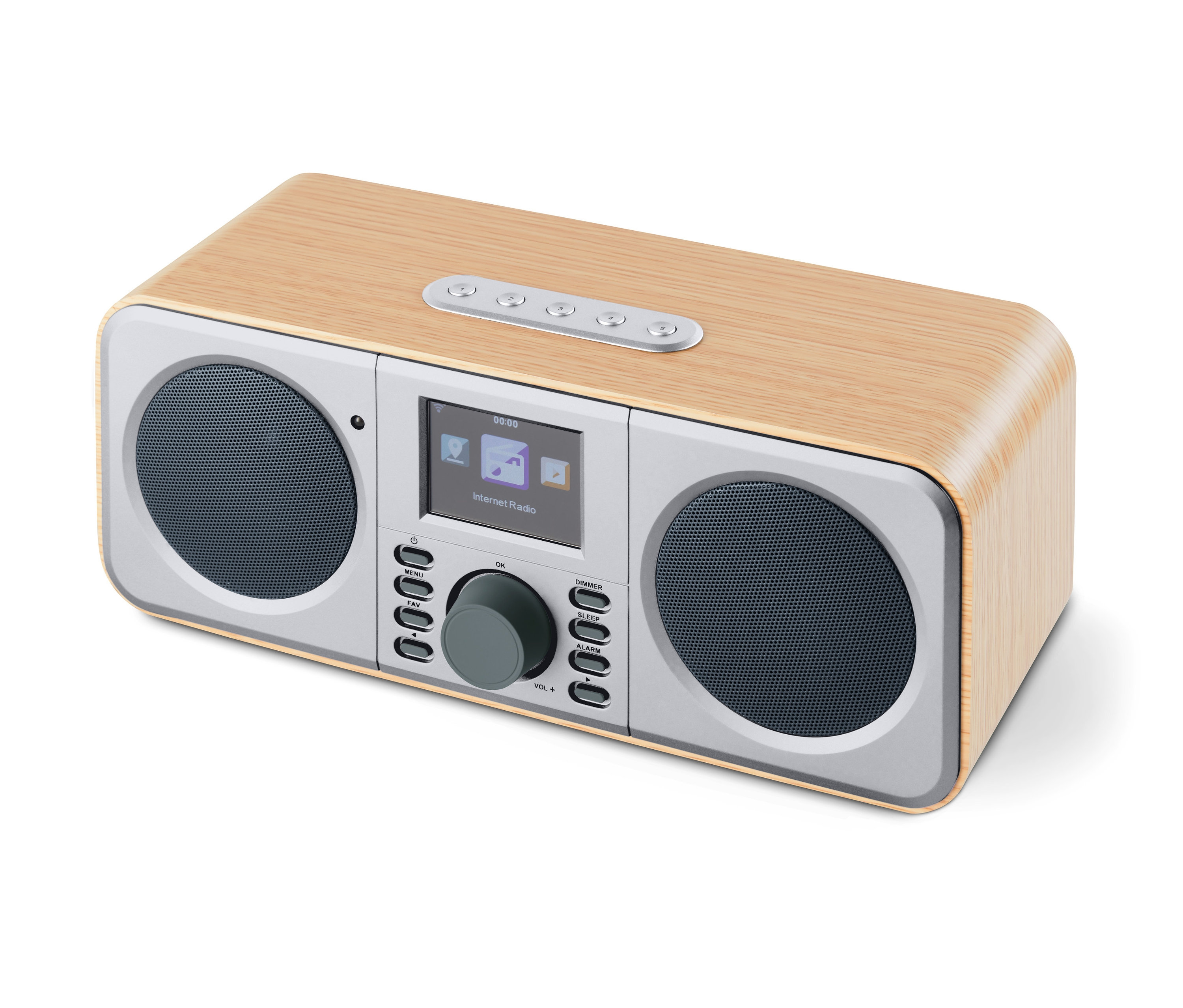 Ahşap kasalı, renkli ekranlı bir WLAN İnternet Radyosu.