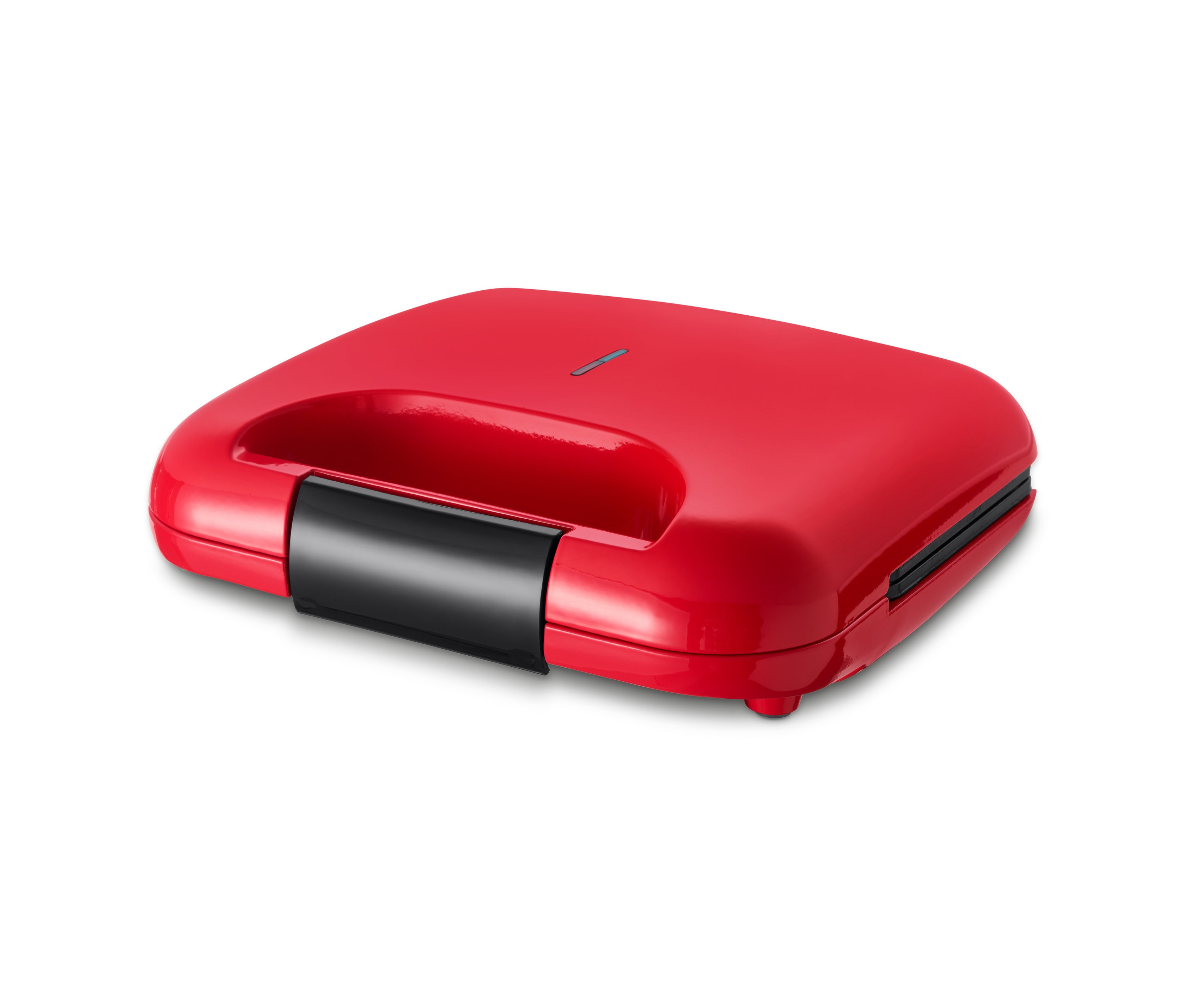 Beyaz arka planda kırmızı Belçika waffle makinesi.