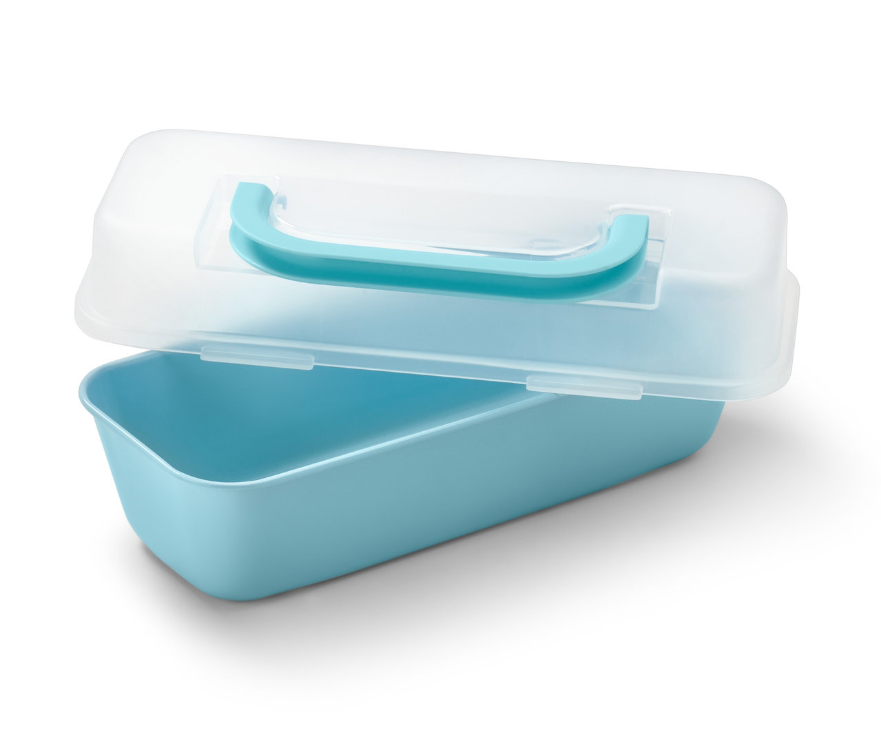 Mavi renkli, şeffaf kapaklı ve turkuaz saplı baton kalıp.