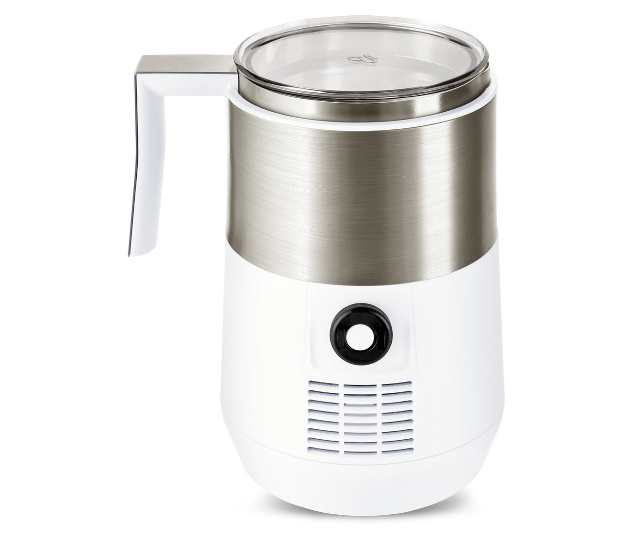 Krem rengi ve beyaz renkteki indüksiyonlu süt köpürtücünün yakın çekim görüntüsü.