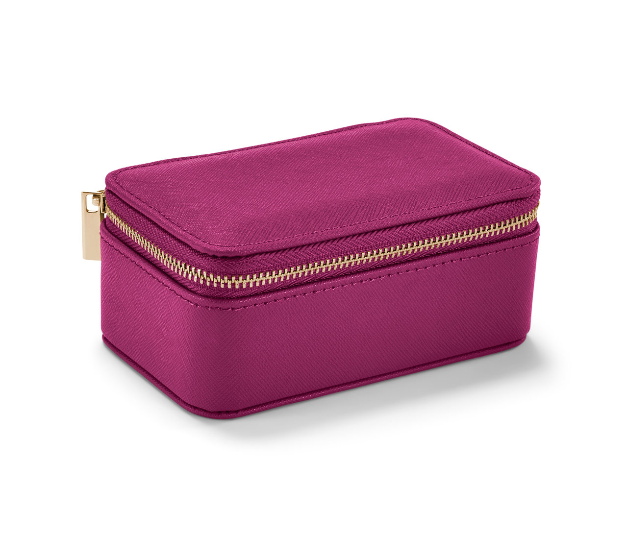 Altın fermuarlı küçük, pembe takı kutusu.