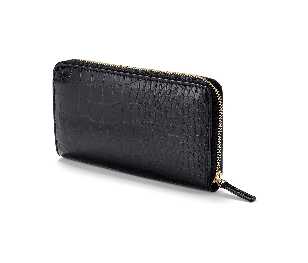 Timsah derisi dokulu, fermuarlı siyah cüzdan.