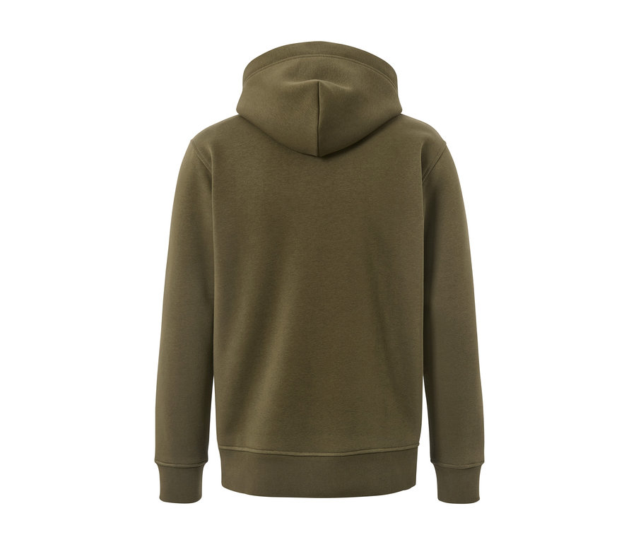 Zeytin yeşili kapüşonlu bir sweatshirt'ün arka görünümü.