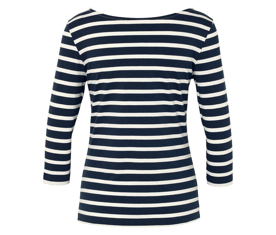 Lacivert ve beyaz renklerde, uzun kollu, çizgili bir tişört.