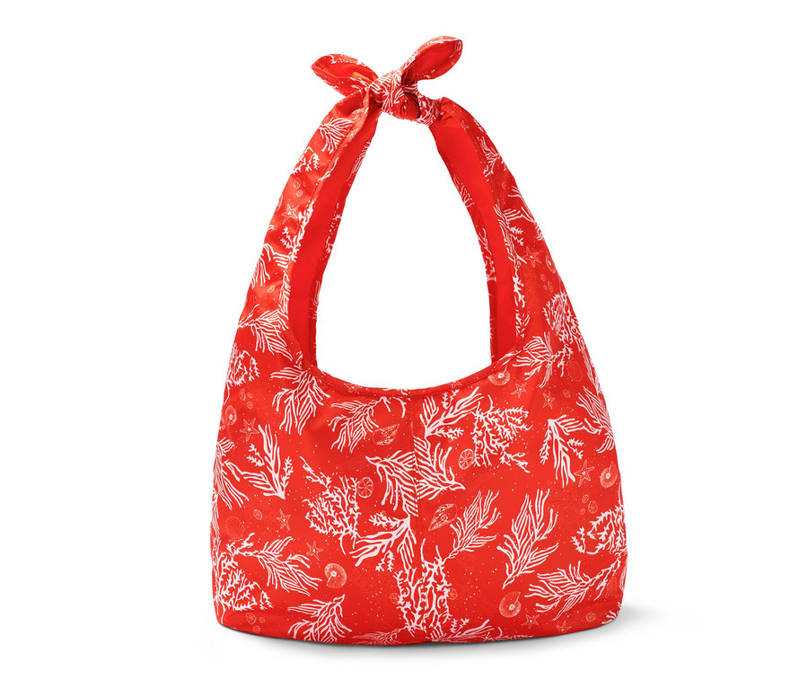 Kırmızı mercan desenli katlanabilen plaj çantası.