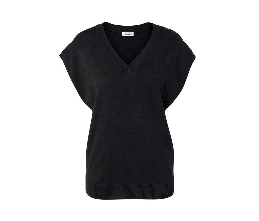 Siyah, kısa kollu, ince triko kazak.