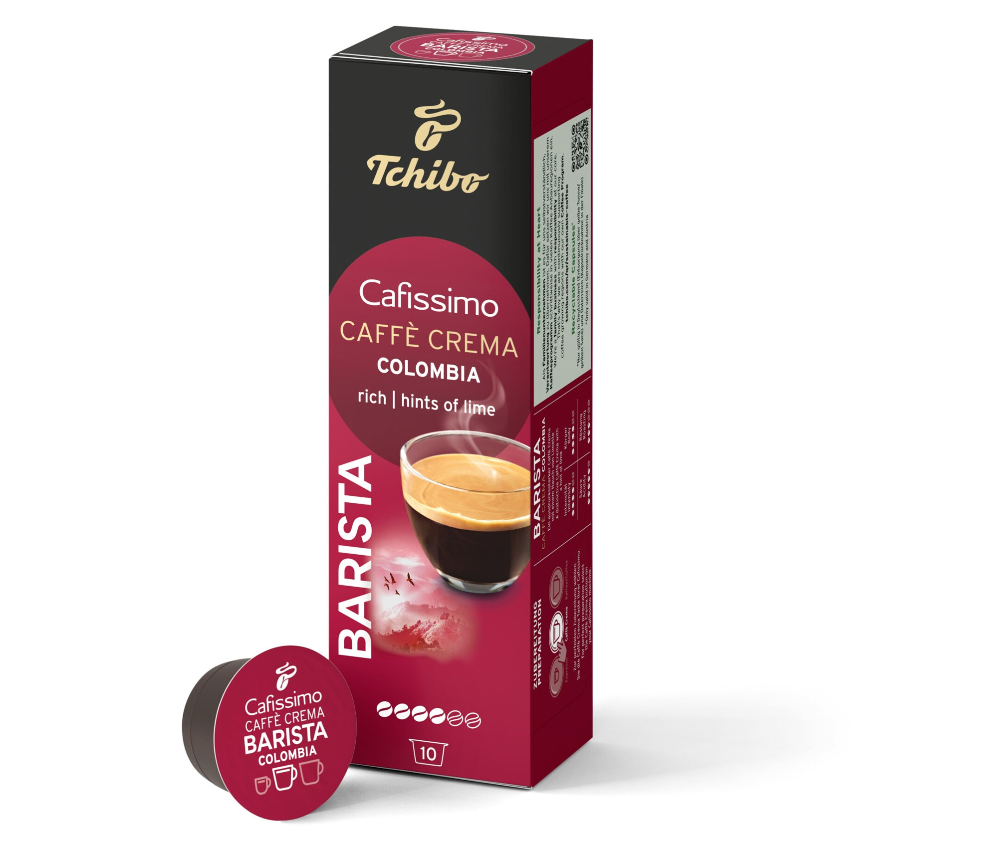 Cafissimo BARISTA Caffè Crema Colombia paketi ve kapsülü.