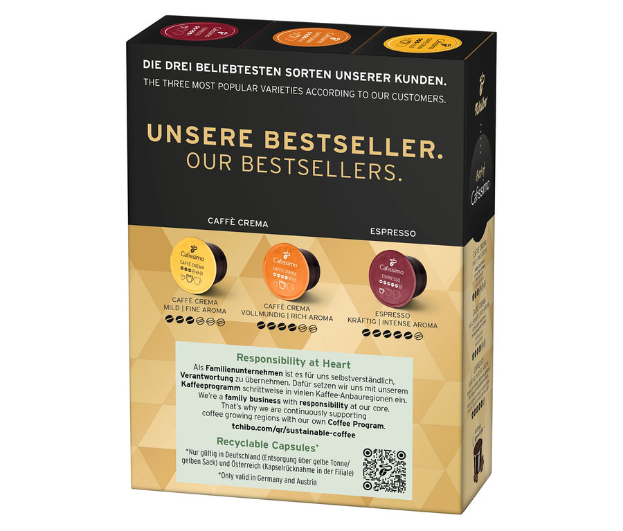 Cafissimo Best of Cafissimo 30 Kapsül paketinde üç çeşit bulunur: Caffè Crema Mild Fine Aroma, Caffè Crema Vollmundig Rich Aroma ve Espresso Kräftig Intense Aroma.