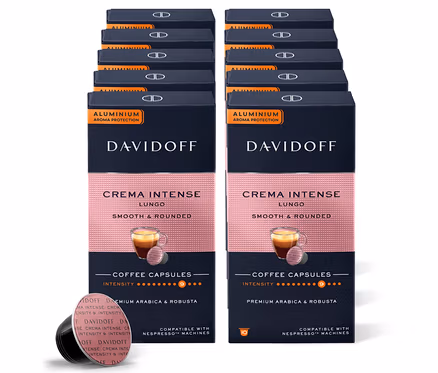 DAVIDOFF CAFÉ Crema Intense kapsül paketleri yığını.