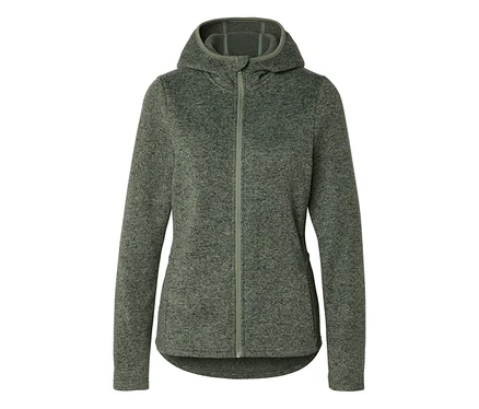 Kapüşonlu, tam fermuarlı, melanj yeşili polar ceket.