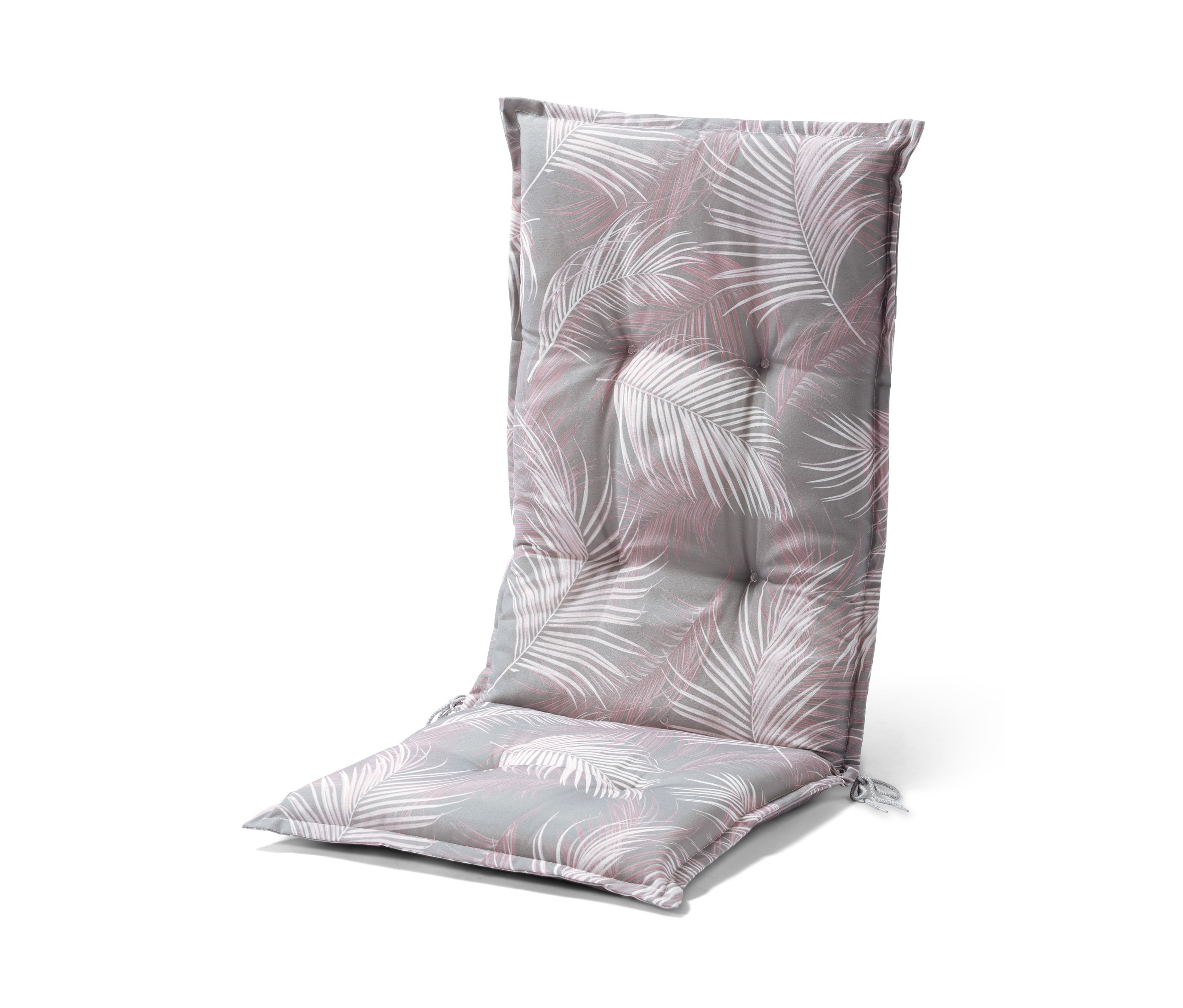 Gri palmiye yaprağı desenli, yüksek sırtlıklı sandalye minderi.