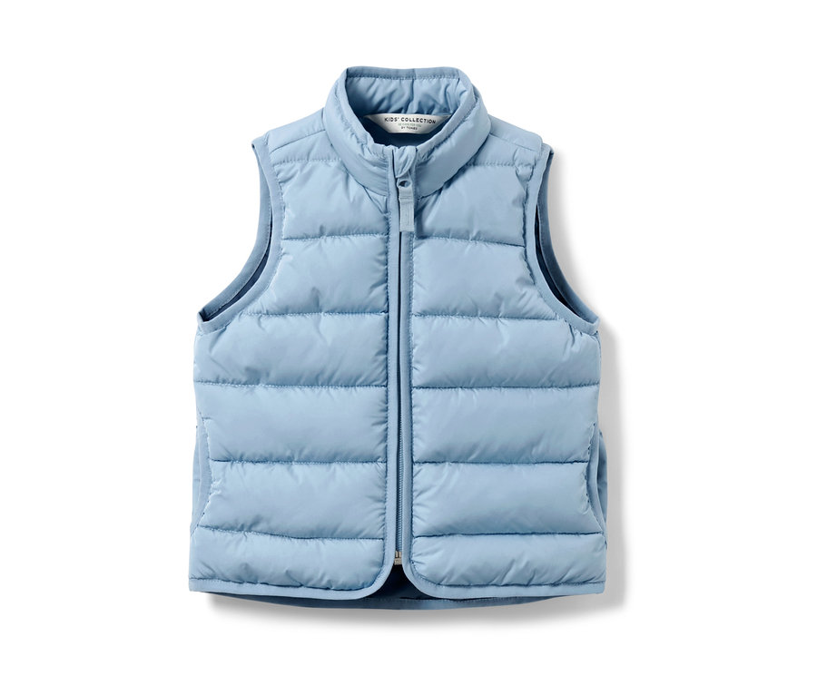 Mavi, fermuarlı, küçük çocuk kapitone yelek.