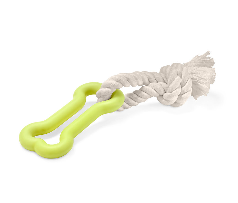 Köpek Oyuncağı: Beyaz halat düğümüne bağlı yeşil kemik.