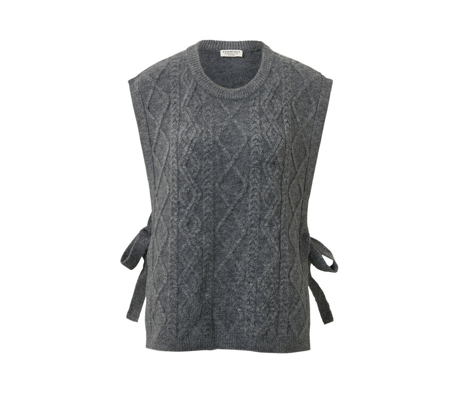 Bağcıklı örgü süveter, gri renkli.