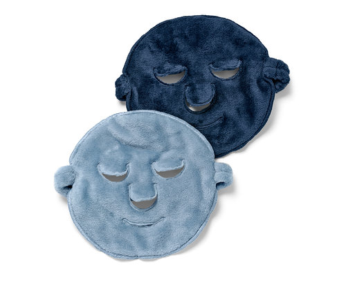 İki adet yüz maskesi, biri açık mavi ve biri koyu mavi.