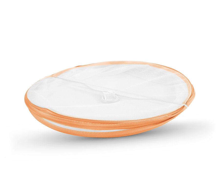 Ortasında file kumaş bulunan turuncu, katlanabilir koruyucu kapak