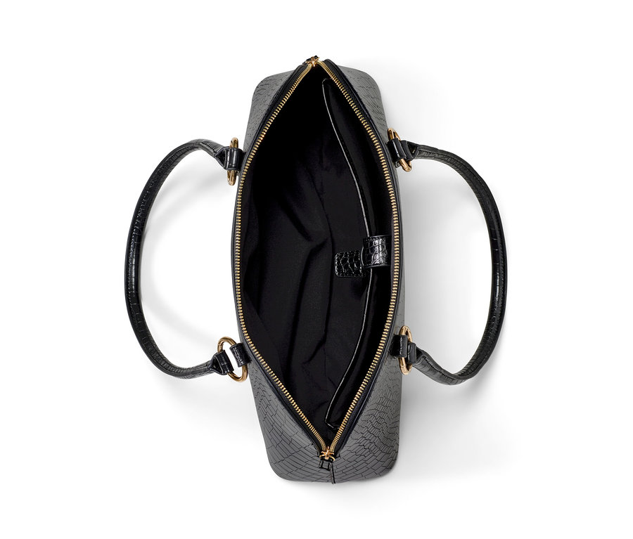 Sapları ve altın fermuarı olan siyah Shopper Çanta.