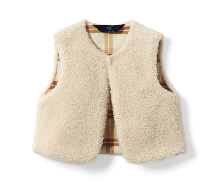 Beyaz zemin üzerinde kahverengi ekose astarlı krem rengi Küçük Çocuk Teddy Yelek.