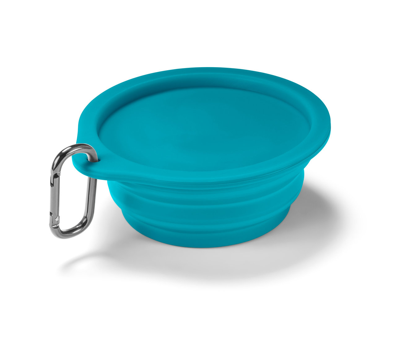 Turkuaz, katlanabilir mama kabı ve karabina.