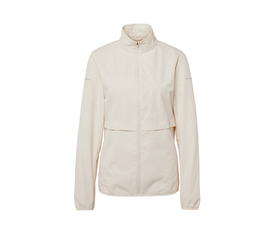 Önde fermuarlı, krem rengi rüzgar korumalı koşu ceketi.