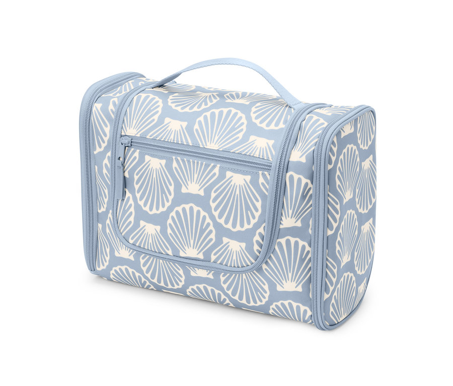 Deniz kabuğu desenli, açık mavi kişisel bakım çantası