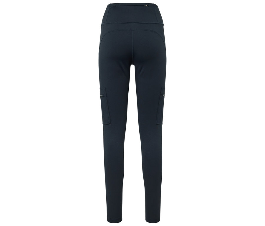 Uyluklarda cepleri olan koyu mavi tayt, arka görünüm.