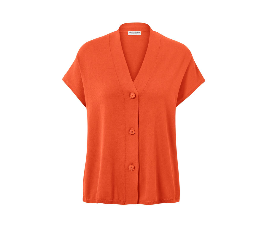 Üç düğmeli, turuncu, kısa kollu hırka.