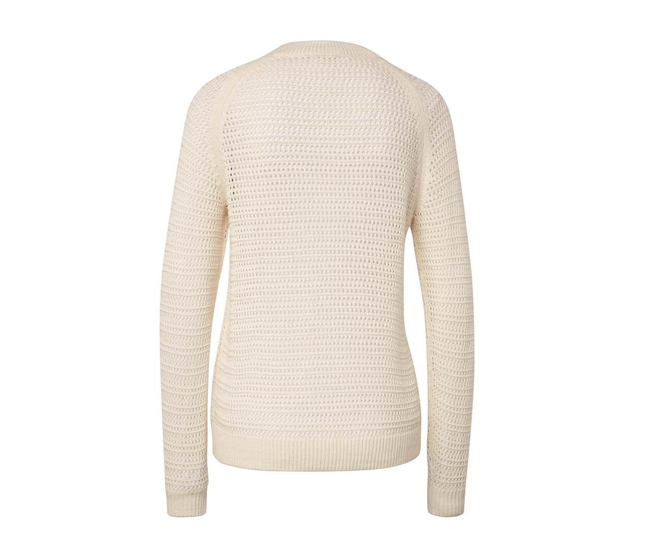 Krem rengi, pointelle örgü kazakın arka görünümü.