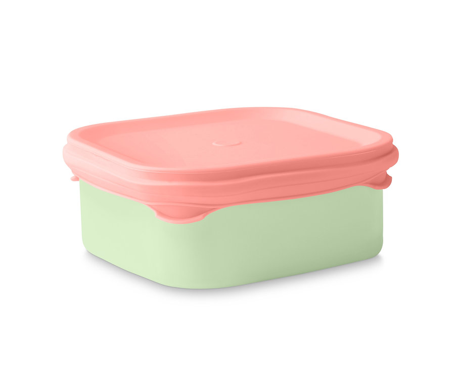 Pembe kapaklı yeşil emaye beslenme kutusu.