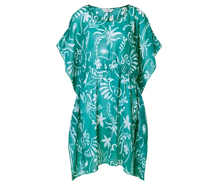 Beyaz çiçekli, yeşil desenli kaftan.