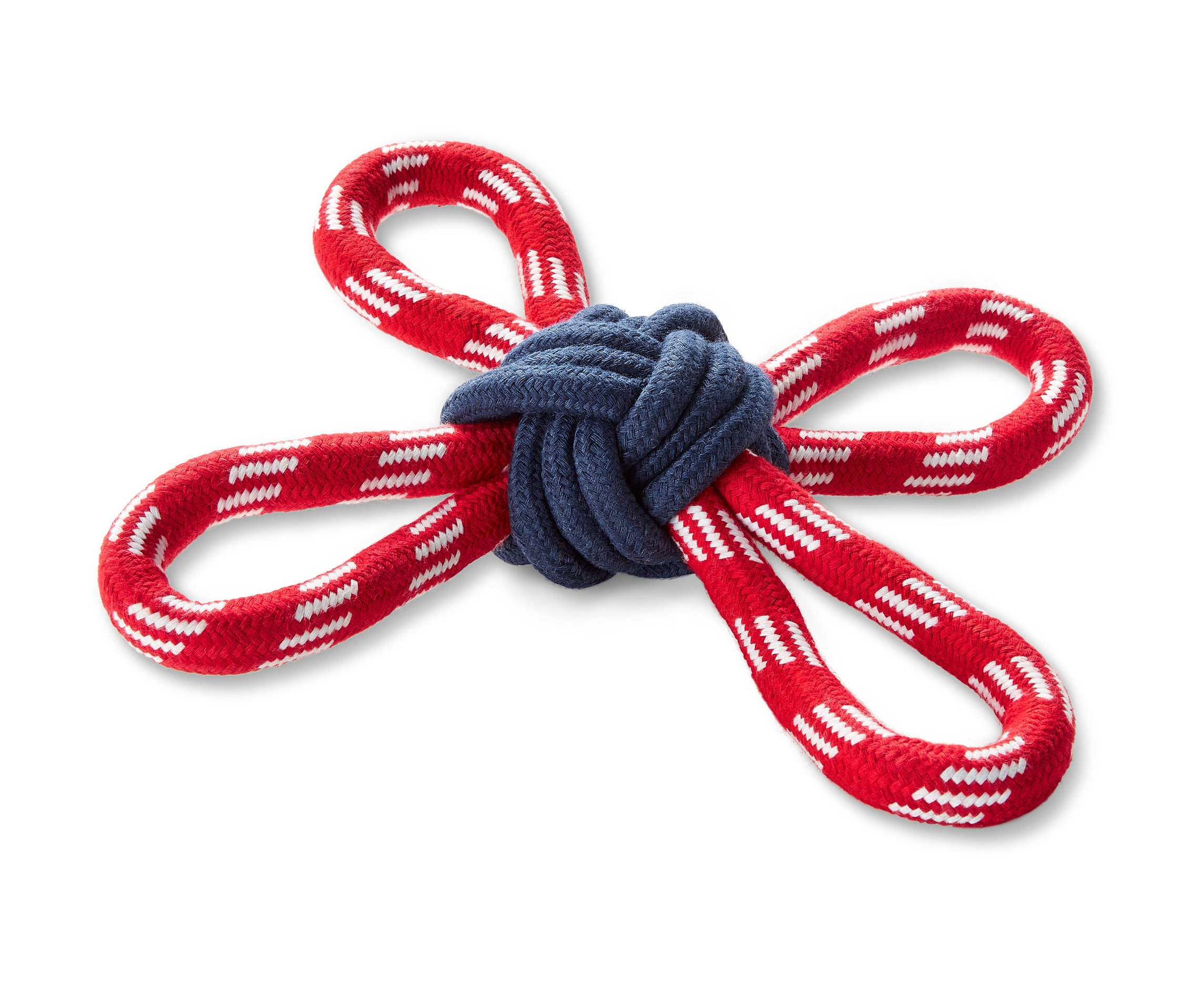 Ortasında mavi bir düğüm bulunan, kırmızı ve beyaz ipli köpek oyuncağı.