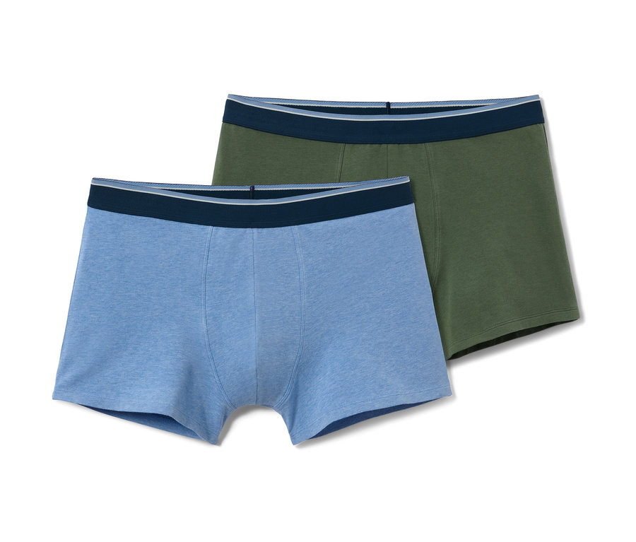 İki adet slip boxer, biri mavi ve biri zeytin yeşili.