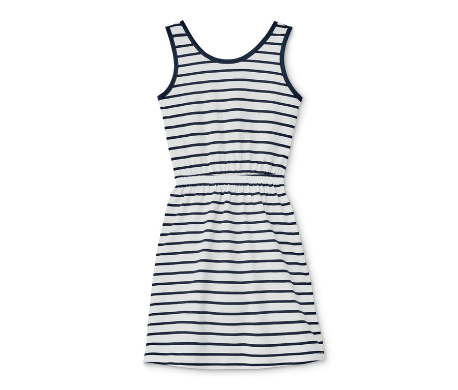 Mavi ve beyaz çizgili jarse askılı elbise.