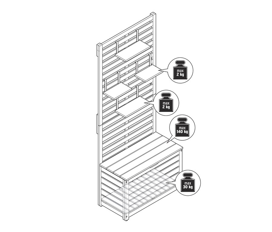 Depolama alanı ve rafları olan paravanlı balkon bankı çizimi