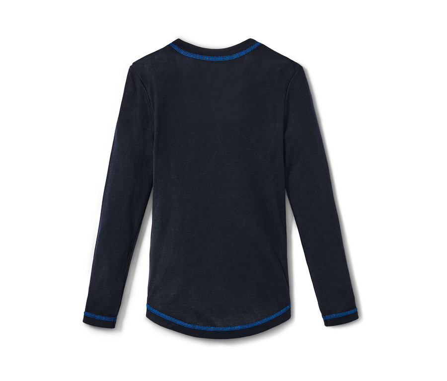 Lacivert, uzun kollu, mavi dikişli çocuk fonksiyonel iç giyim.